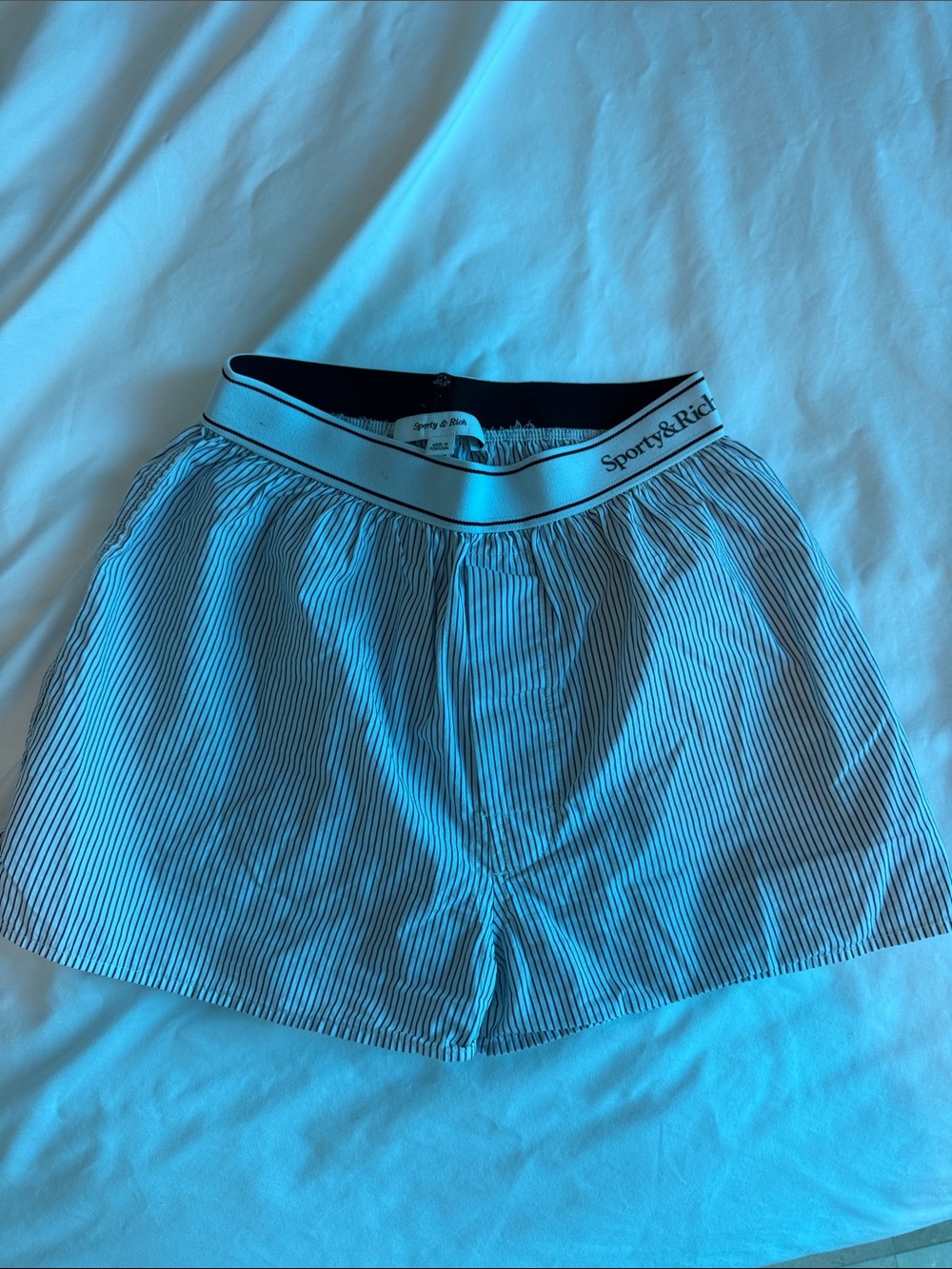 Sporty & Rich Navy and White Pinstripe Shorts
